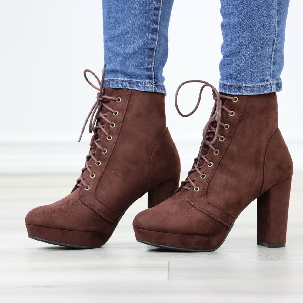Brown Faux Suede Lace-Up Block High Heeled Platform Ankle Boots - Picture 11 of 11